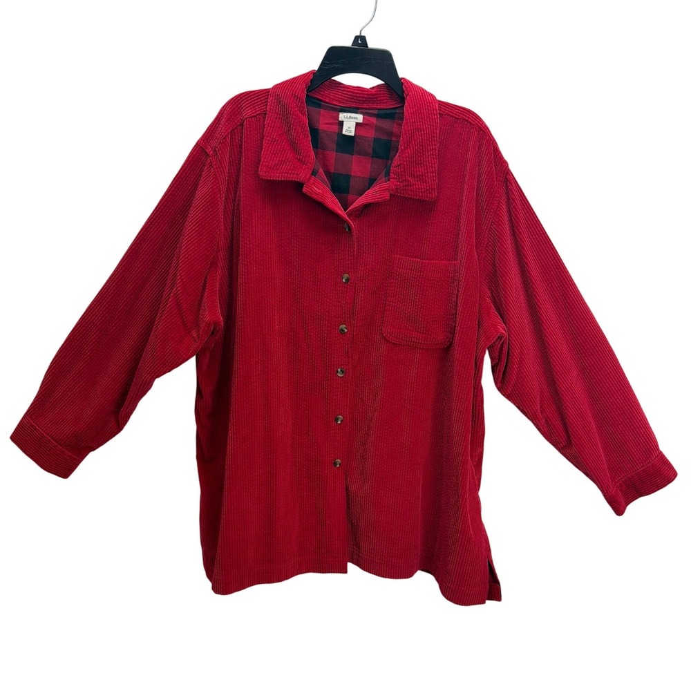 LL Bean Red Wide Wale Corduroy Buffalo Plaid Flannel Lined Shacket 3X Warm Cozy